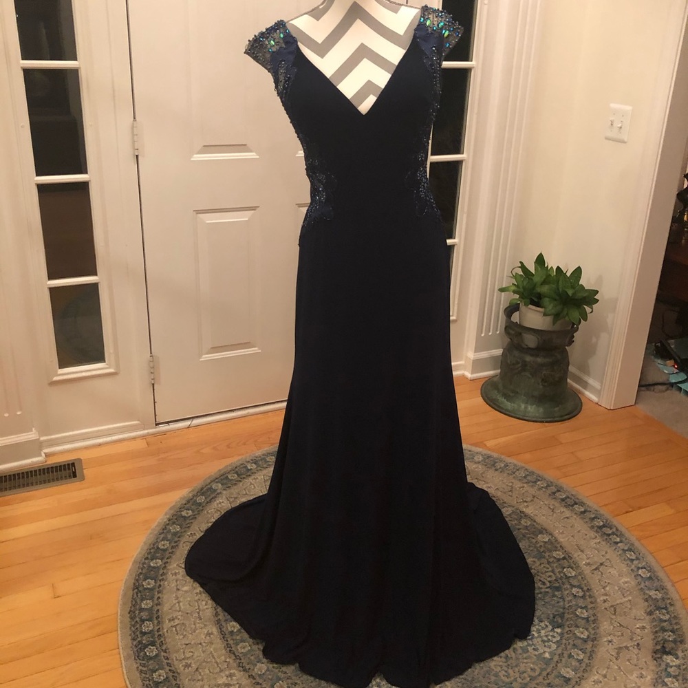 Tony Bowls Navy Blue Beaded Evening Gown